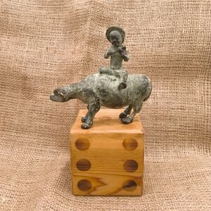 Traditional Chinese Folk Art Rustic Bronze Sculpture of Child on Animal